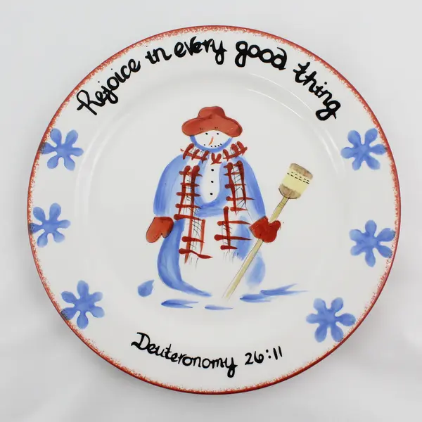 Hand Painted Snowman Christmas Platter Rejoice in Every Good Thing Deut 26:11