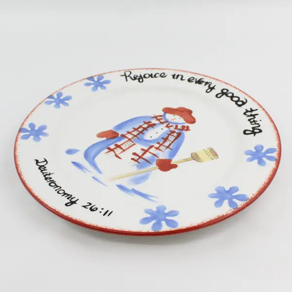 Hand Painted Snowman Christmas Platter Rejoice in Every Good Thing Deut 26:11