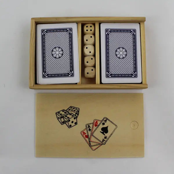 Wooden Poker Cards & Dice Set 2 Decks 5 Dice