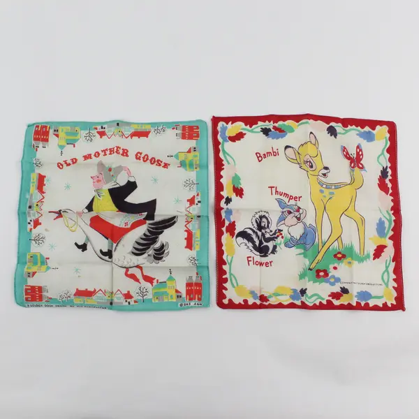 Lot of 2 Vintage Children's Linen Handkerchiefs Old Mother Goose Bambi Disney