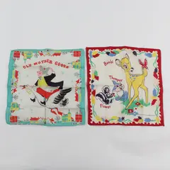 Lot of 2 Vintage Children's Linen Handkerchiefs Old Mother Goose Bambi Disney
