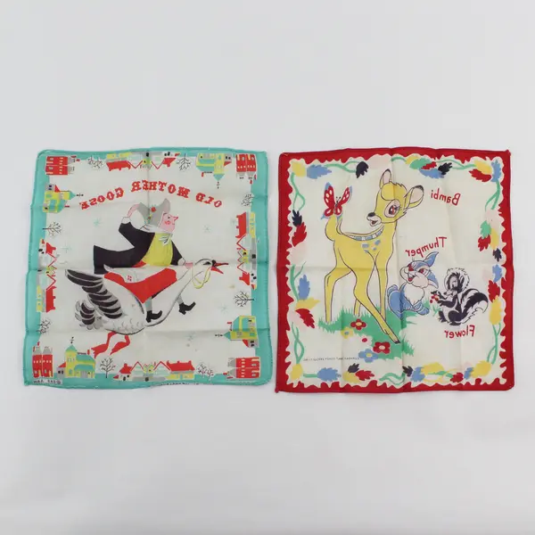 Lot of 2 Vintage Children's Linen Handkerchiefs Old Mother Goose Bambi Disney