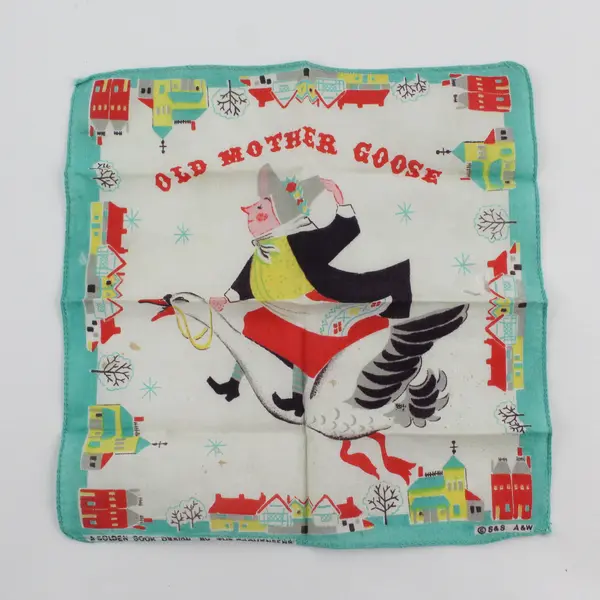Lot of 2 Vintage Children's Linen Handkerchiefs Old Mother Goose Bambi Disney