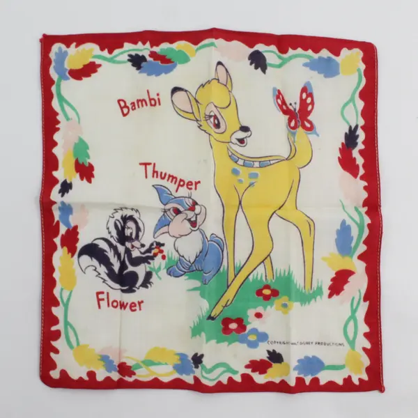 Lot of 2 Vintage Children's Linen Handkerchiefs Old Mother Goose Bambi Disney