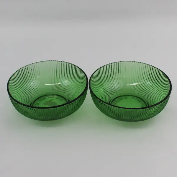  Set of 2 E.O. Brody Co. Green Ribbed Pressed Glass Bowls USA
