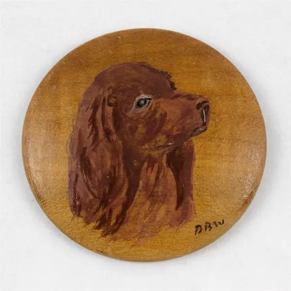 Hand Carved Painted Oregon Myrtlewood Spaniel Dog Wooden Nickel Disc