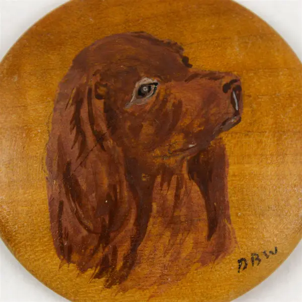 Hand Carved Painted Oregon Myrtlewood Spaniel Dog Wooden Nickel Disc