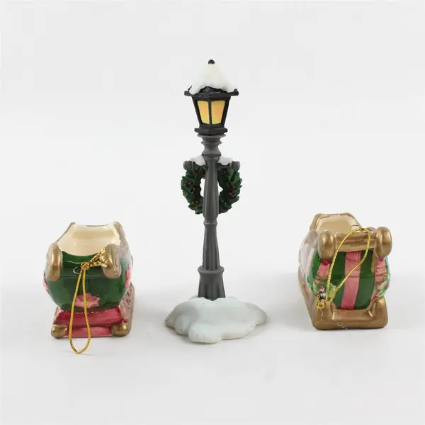 Lot of 3 Ceramic Christmas Ornaments Sleighs Street Lamp Holiday Decor