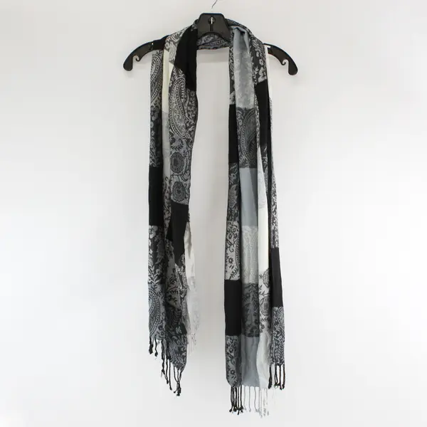 Cejon Gray Black and White Paisley Fringed Scarf 20" x 70"