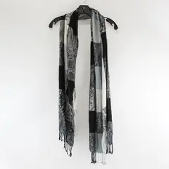 Cejon Gray Black and White Paisley Fringed Scarf 20" x 70"