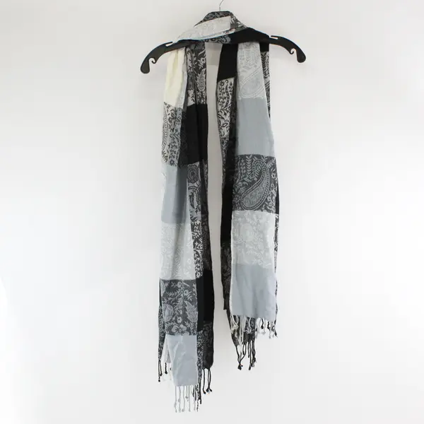 Cejon Gray Black and White Paisley Fringed Scarf 20" x 70"
