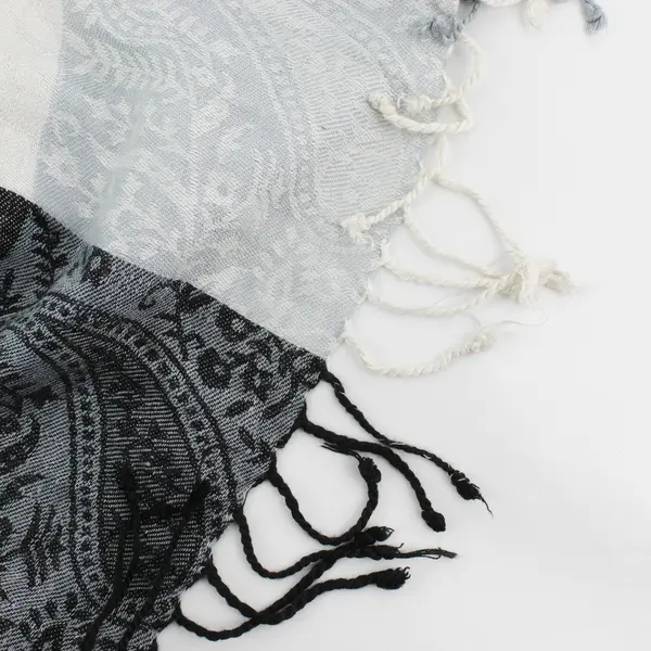 Cejon Gray Black and White Paisley Fringed Scarf 20" x 70"