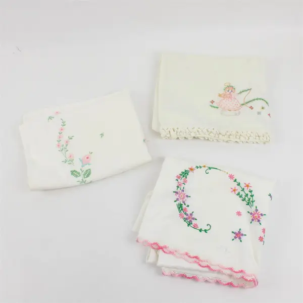 Lot of 3 Vintage Embroidered White Pillowcases DIY Fabric Upcycling FLAWED