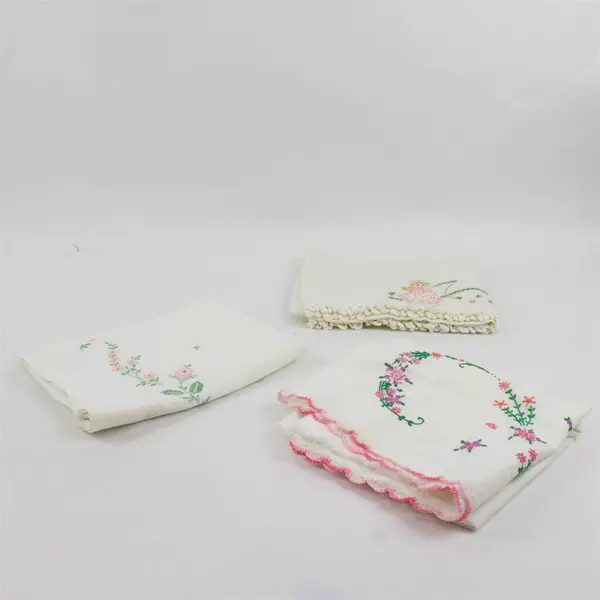 Lot of 3 Vintage Embroidered White Pillowcases DIY Fabric Upcycling FLAWED