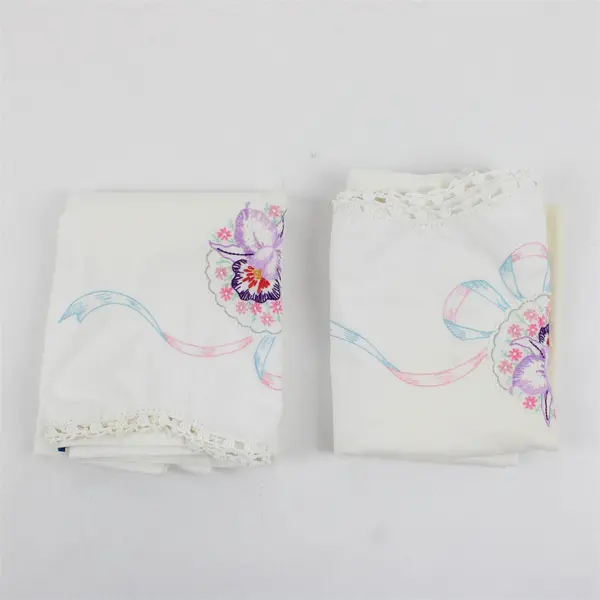 Set of 2 Vintage Floral Embroidered White Standard Pillowcases 19" x 28" FLAWED