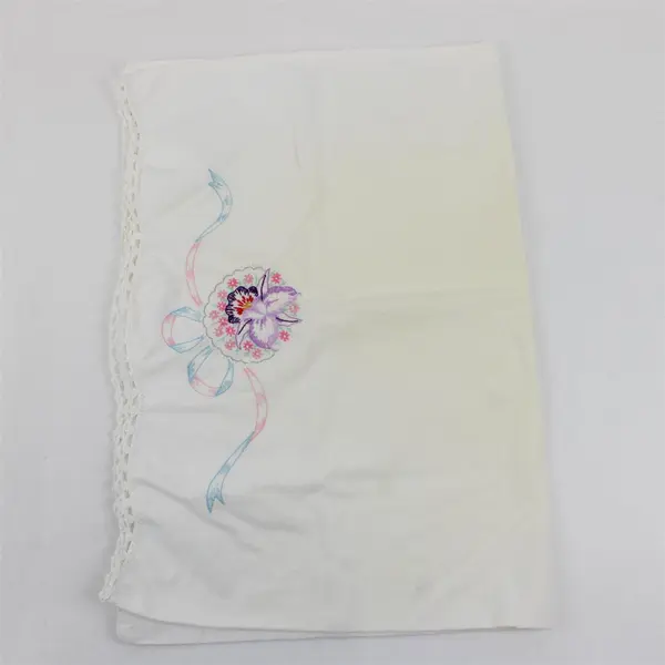 Set of 2 Vintage Floral Embroidered White Standard Pillowcases 19" x 28" FLAWED