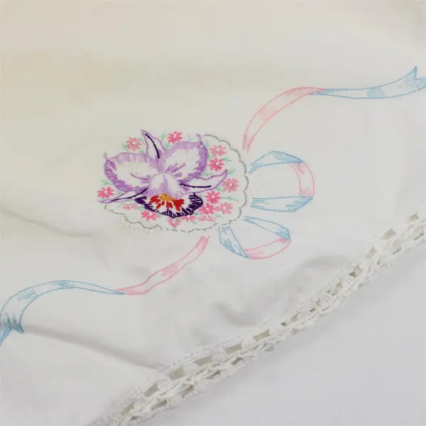 Set of 2 Vintage Floral Embroidered White Standard Pillowcases 19" x 28" FLAWED