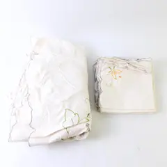 Vintage 13-Piece Off-White Floral Embroidered 80in Round Table Linen Set