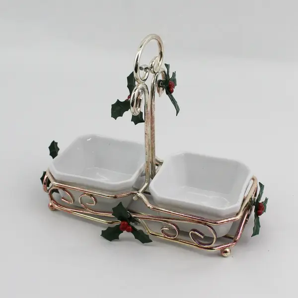 3-Piece Christmas Condiment Caddie w/ Holly Sprigs Ceramic Bowls