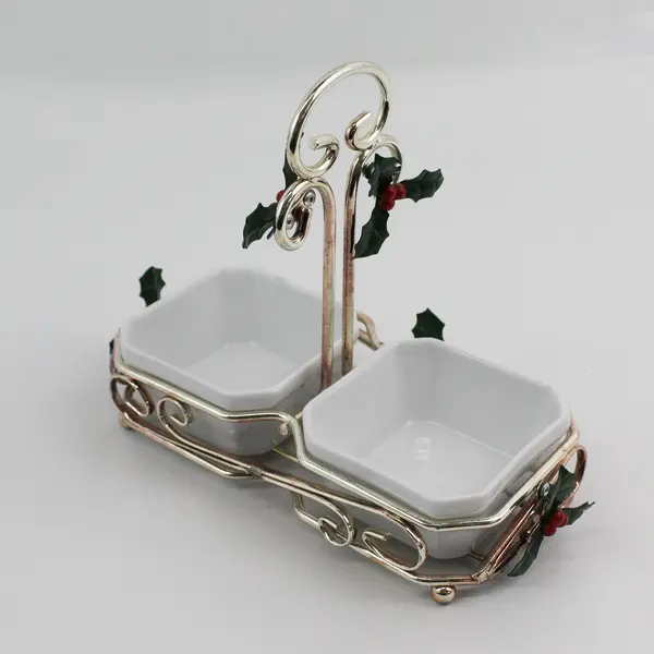 3-Piece Christmas Condiment Caddie w/ Holly Sprigs Ceramic Bowls
