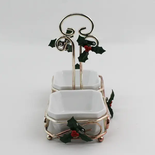3-Piece Christmas Condiment Caddie w/ Holly Sprigs Ceramic Bowls