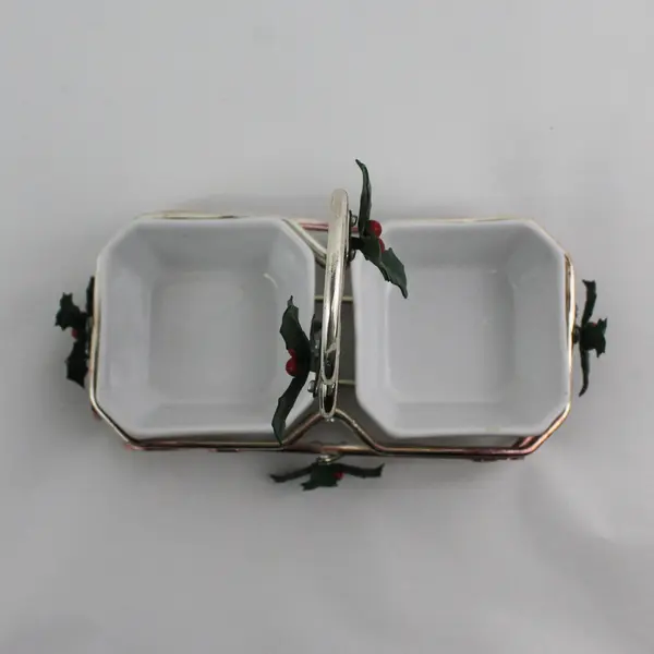 3-Piece Christmas Condiment Caddie w/ Holly Sprigs Ceramic Bowls