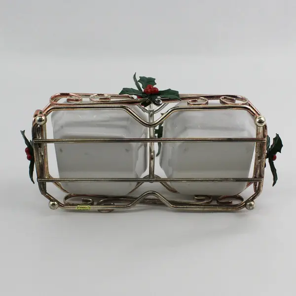 3-Piece Christmas Condiment Caddie w/ Holly Sprigs Ceramic Bowls