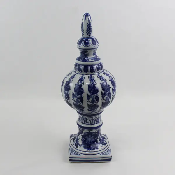 Blue White Ceramic Decorative Finial-Style Statue with Square Base