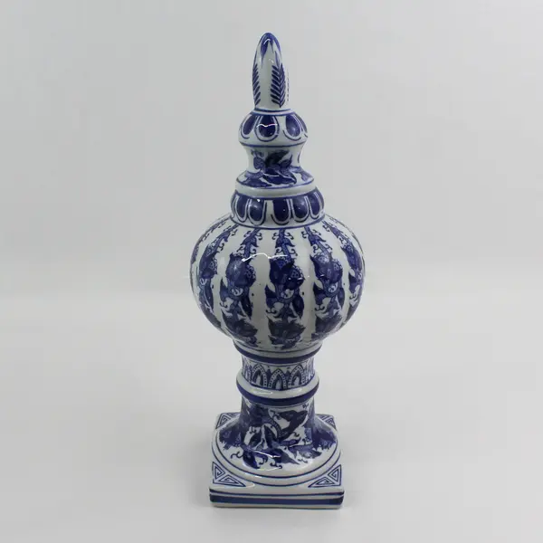 Blue White Ceramic Decorative Finial-Style Statue with Square Base