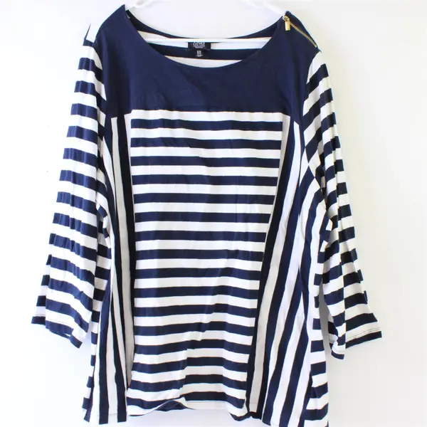 Jones New York Navy and White Striped Long-Sleeved Top Women's 3X