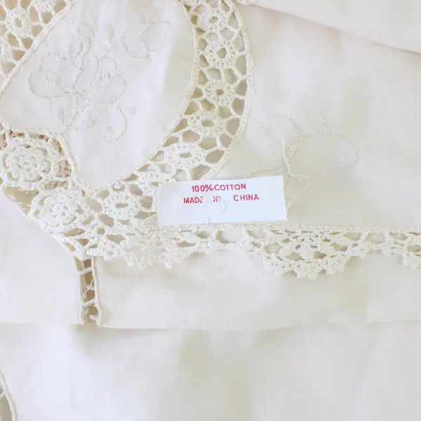 Vintage Floral Embroidered Cutwork Off-White Tablecloth 48" x 65"