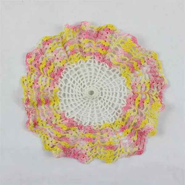 Vintage Handmade Crocheted White Pink and Yellow Doily 7"