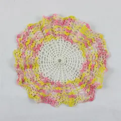 Vintage Handmade Crocheted White Pink and Yellow Doily 7"