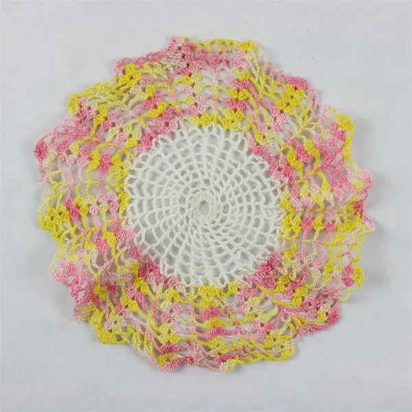 Vintage Handmade Crocheted White Pink and Yellow Doily 7"