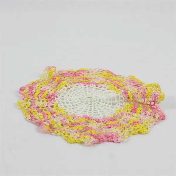 Vintage Handmade Crocheted White Pink and Yellow Doily 7"