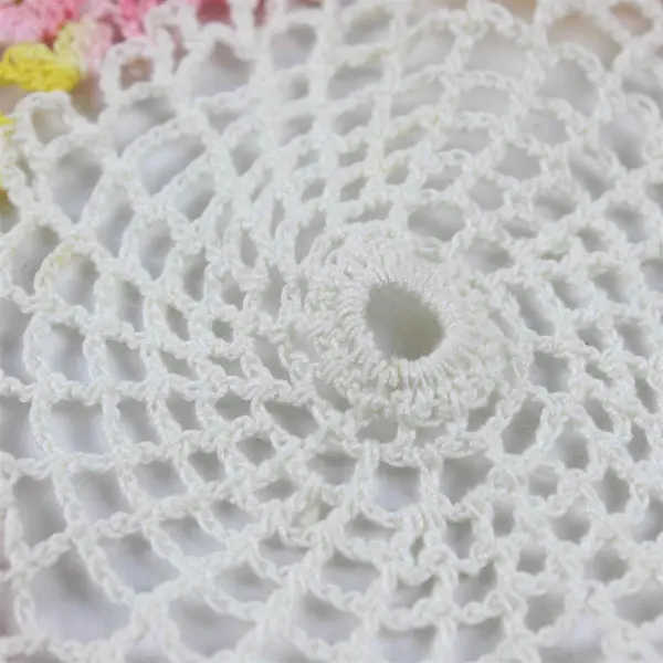 Vintage Handmade Crocheted White Pink and Yellow Doily 7"