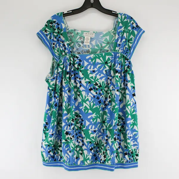 Max Studio Womens Floral Cap Sleeve Blouse Blue Green White XL