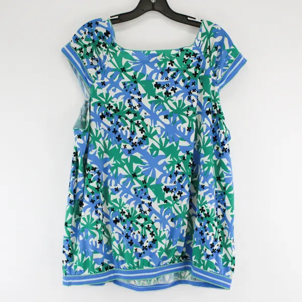 Max Studio Womens Floral Cap Sleeve Blouse Blue Green White XL