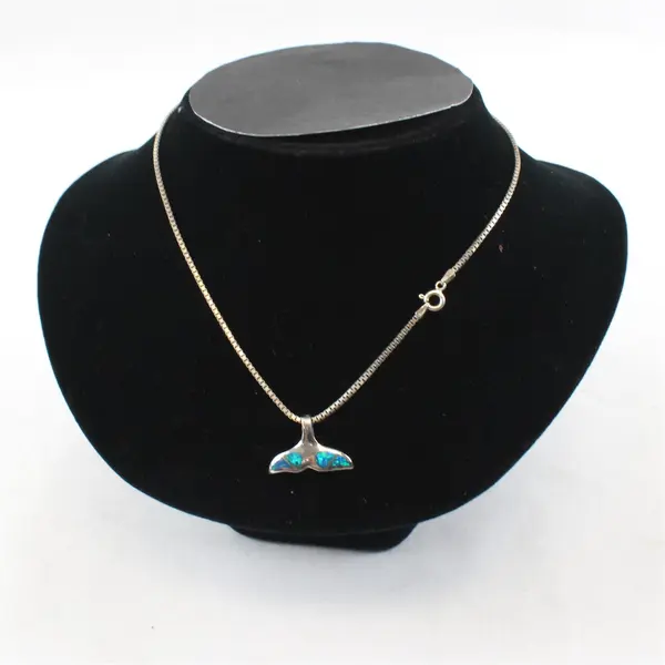 925 Sterling Silver Blue Enamel Whale Tail Pendant Necklace 16" Italy