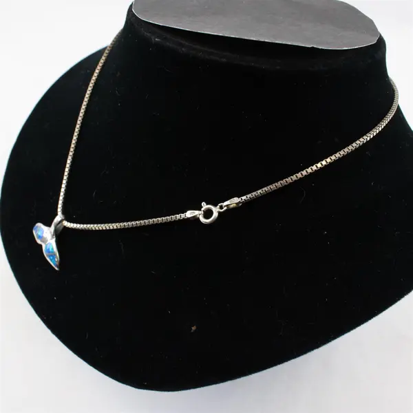 925 Sterling Silver Blue Enamel Whale Tail Pendant Necklace 16" Italy