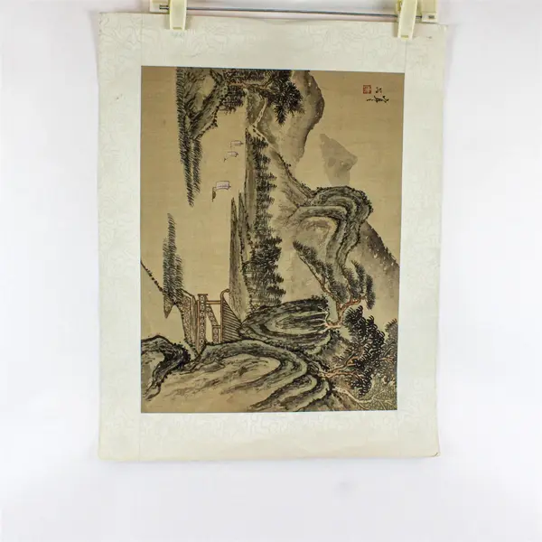 Chinese Shan Shui Ink Painting On Silk/Fabric w/Backing Paper 21.75" x 17"