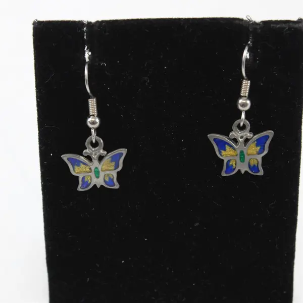 3 Pc Butterfly Set Earrings Brooch Pin Yellow Green Blue Enamel Silver Tone