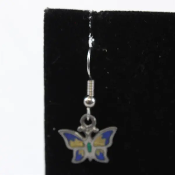 3 Pc Butterfly Set Earrings Brooch Pin Yellow Green Blue Enamel Silver Tone