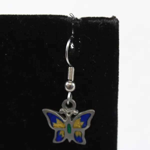 3 Pc Butterfly Set Earrings Brooch Pin Yellow Green Blue Enamel Silver Tone