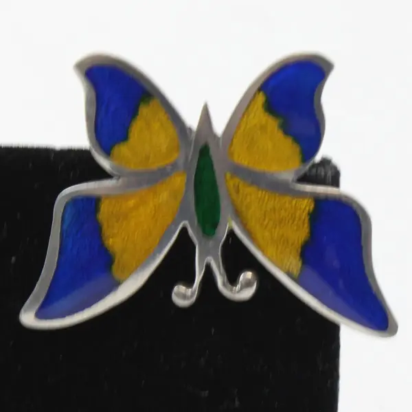 3 Pc Butterfly Set Earrings Brooch Pin Yellow Green Blue Enamel Silver Tone