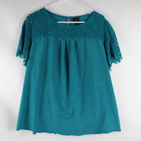 Worthington Black Polka Dot Teal Lace Detail Short-Sleeved Top Women's 1X