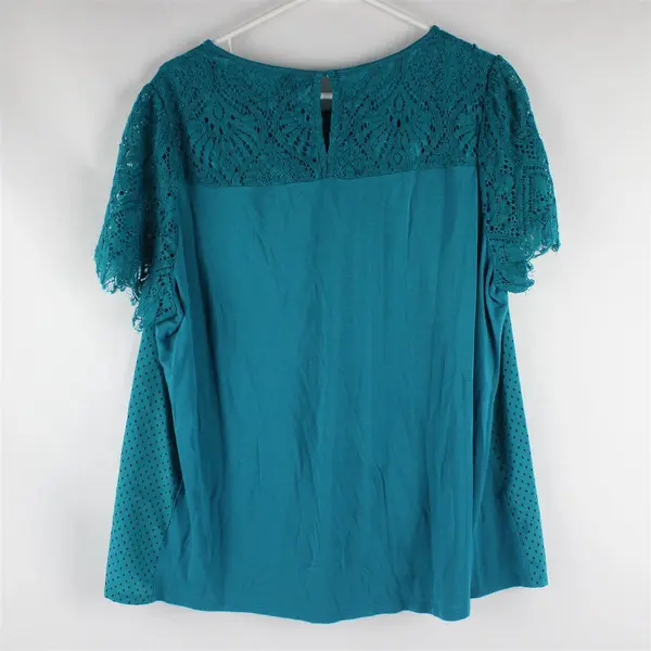 Worthington Black Polka Dot Teal Lace Detail Short-Sleeved Top Women's 1X