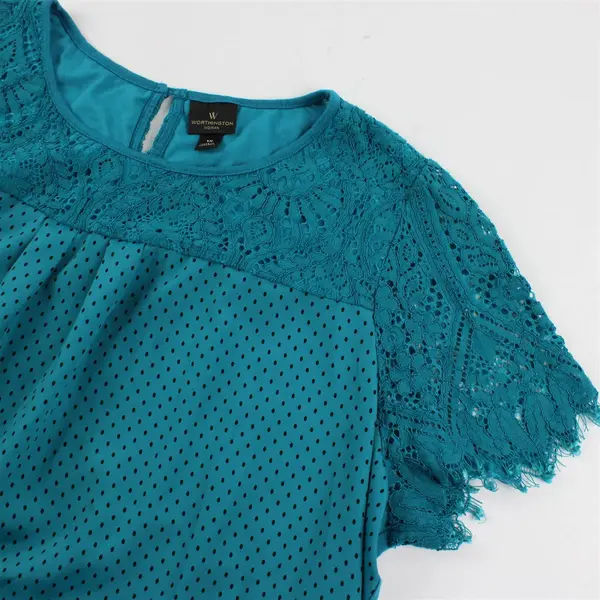 Worthington Black Polka Dot Teal Lace Detail Short-Sleeved Top Women's 1X
