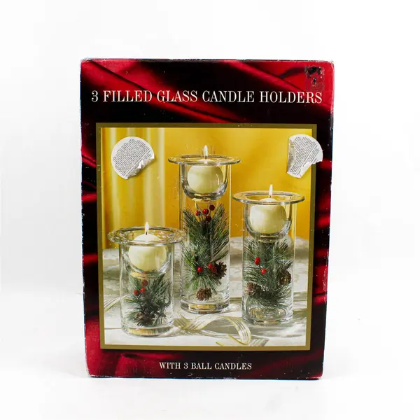 Linen N Things Holiday Collection 3 Filled Glass Candle Holders W/ Ball Candles