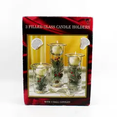 Linen N Things Holiday Collection 3 Filled Glass Candle Holders W/ Ball Candles